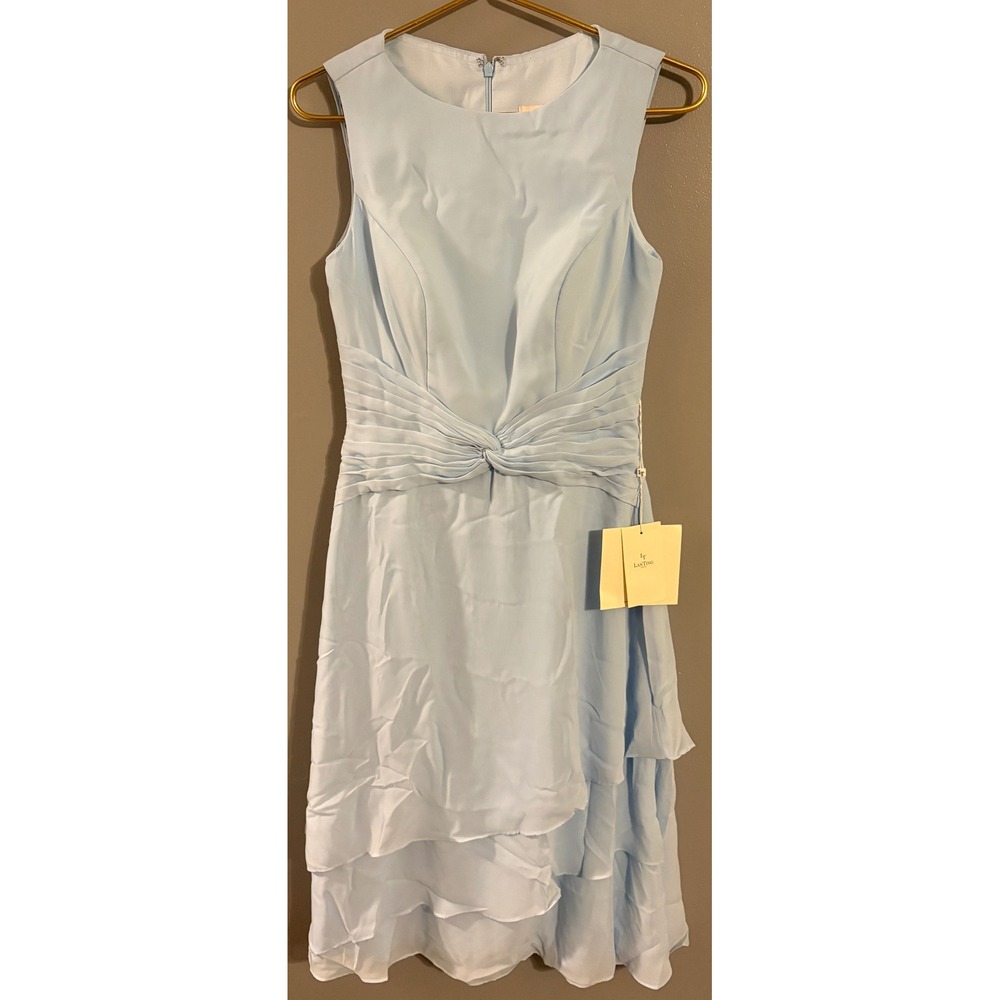 TS Couture Womens Light Blue Sleeveless Twisted Waist Tiered Cocktail Dress NEW